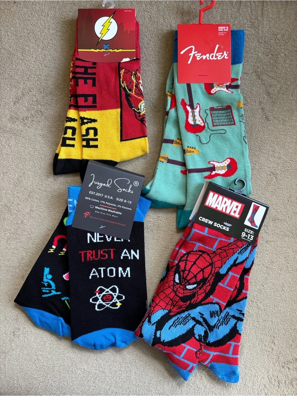 4 Pairs of Men's Casual Crew Socks Marvel Spiderman The Flash Fender Guitar